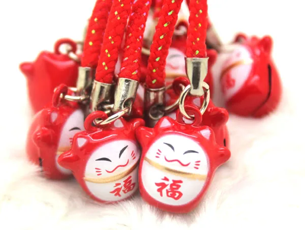 

10pcs red Lucky cat Quality Metal Bell Pendant Phone Charms Cute Cartoon Keychains Lanyard for Keys Smartphone Strap #13