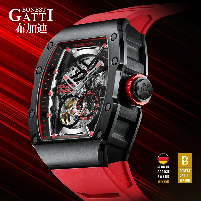 

BONEST GATTI мужские роскошные часы автоматические механические наручные часы Tonneau скелетон водостойкий сапфировый светящийся ремешок из фторкаучука