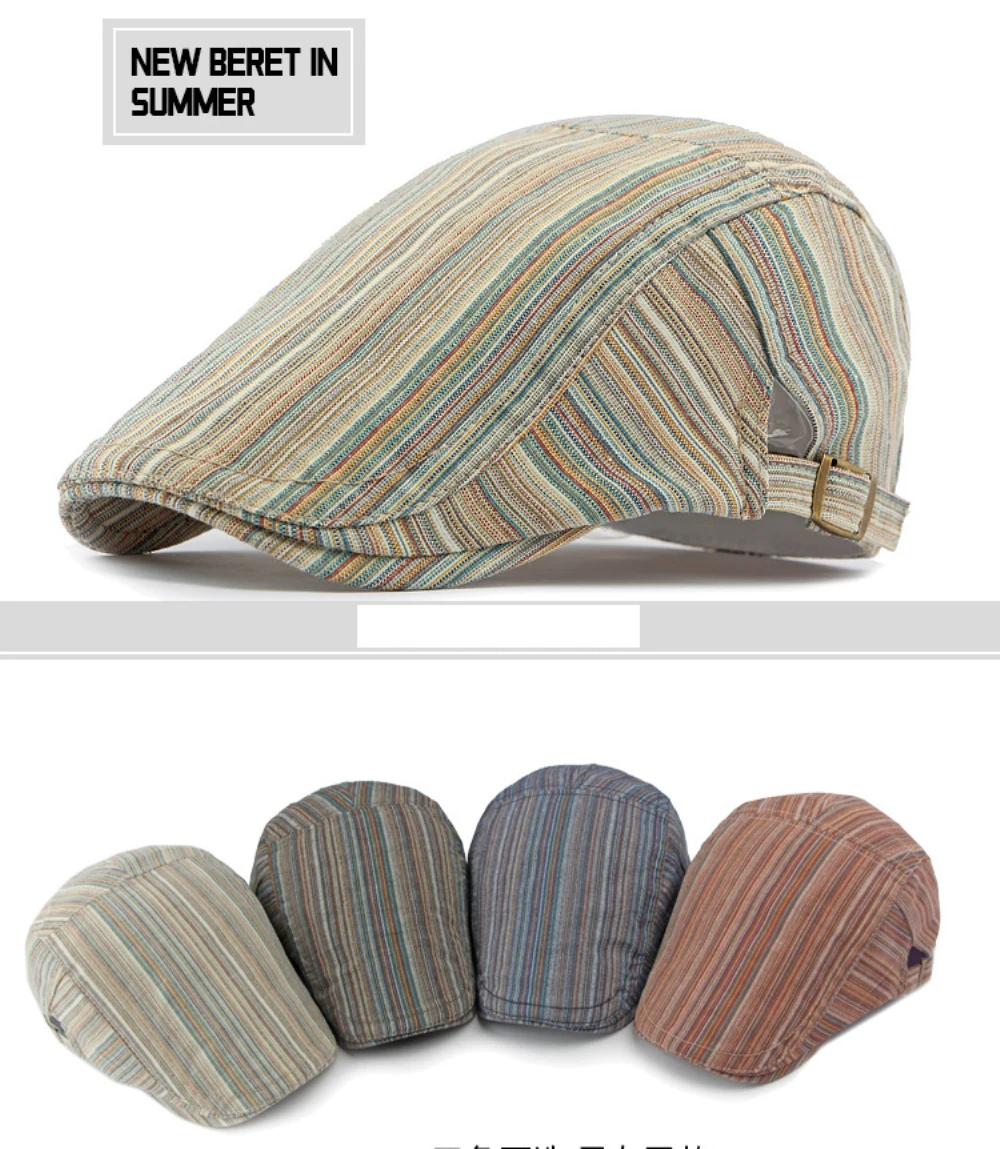 HT4630 Baskenmütze für Damen, Retro-Künstlermütze, Unisex Verstellbare Flache Kappe, Frühling Sommer Gestreifte Baskenmütze für Männer und Frauen – Detail 1