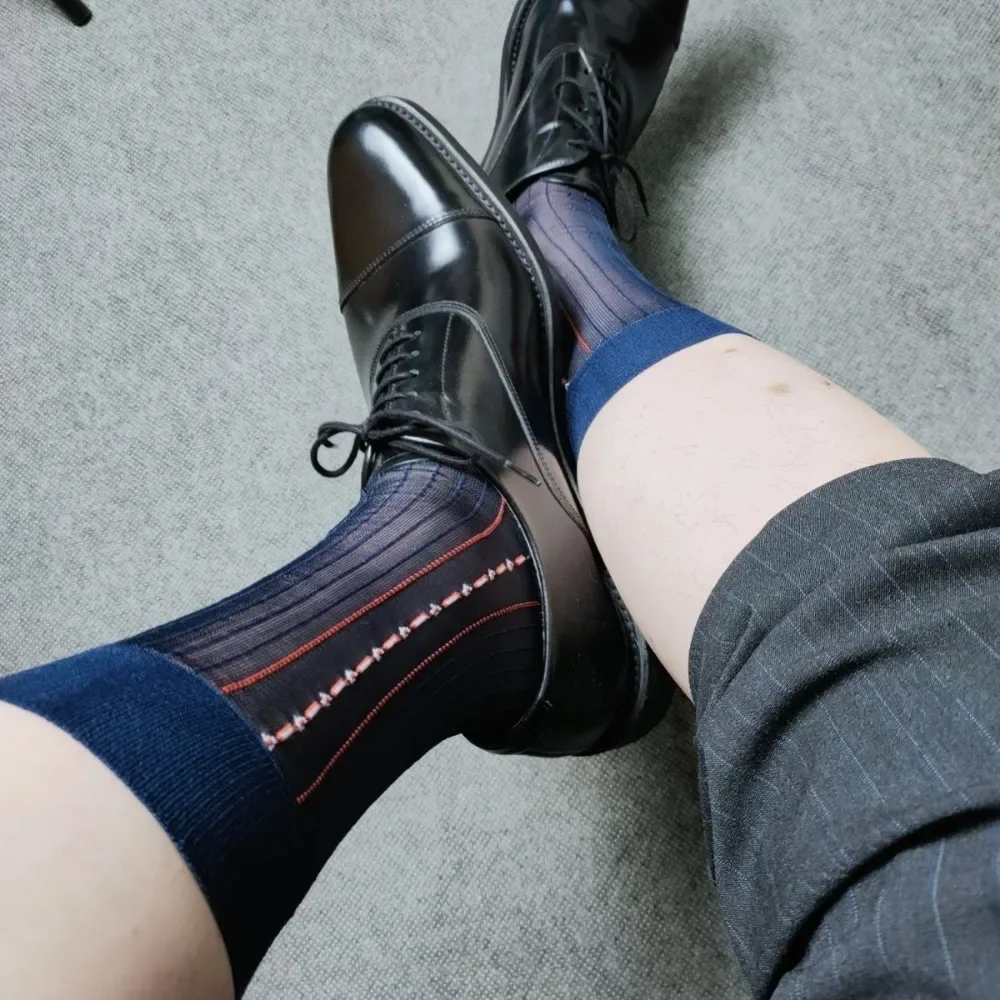 2024 Navy Blue Dress Socks for Men Red Line Jacquard Vintage Formal Business Work Socks Gift Men Sexy Thin Sheer Mid-Calf Socks