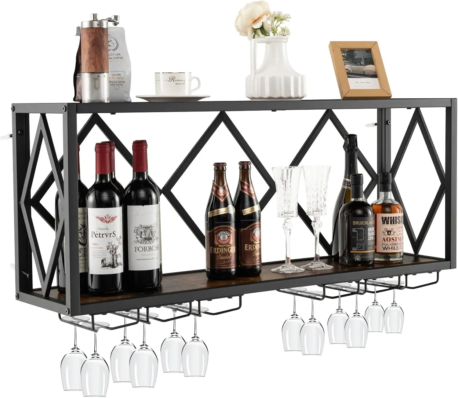 

39-Bottle Wall Mounted Wine Rack with 12 Glass Holder, Rustic Brown Metal for Home Bar, Kitchen, Dining Room