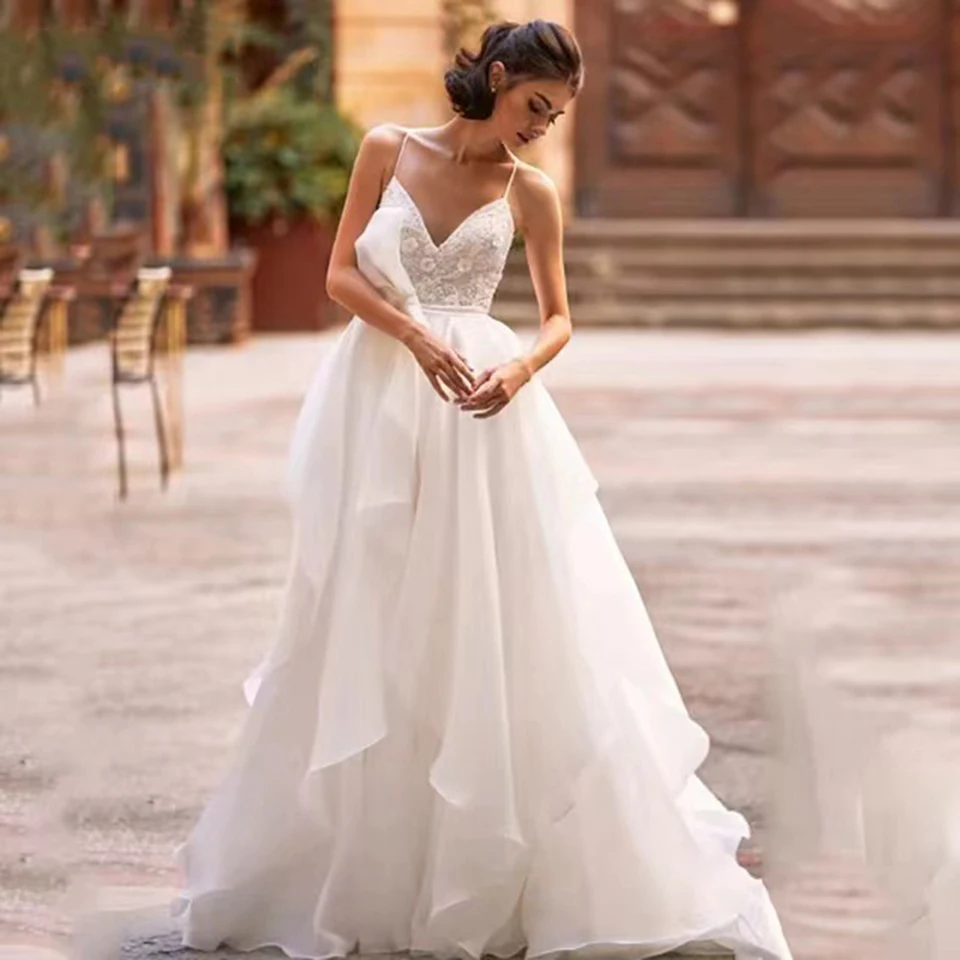 Bohemian Tulle Lace V-Neck Wedding Dress For Women Elegant Beach Party Bridal Dresses A-Line Spaghetti Straps Vestido De Noiva