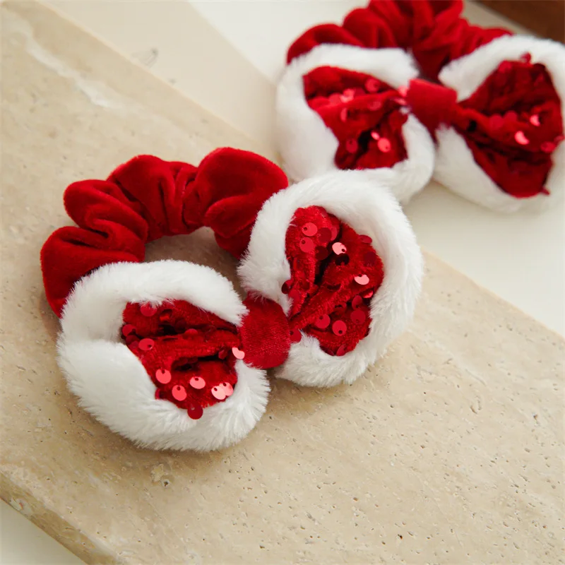 

Bow Red Plush Scrunchies Sequin Christmas Style Hair Rope Ponytail Holder Hair Tie Christmas Hair Bow Large Intestine Hairs Ring