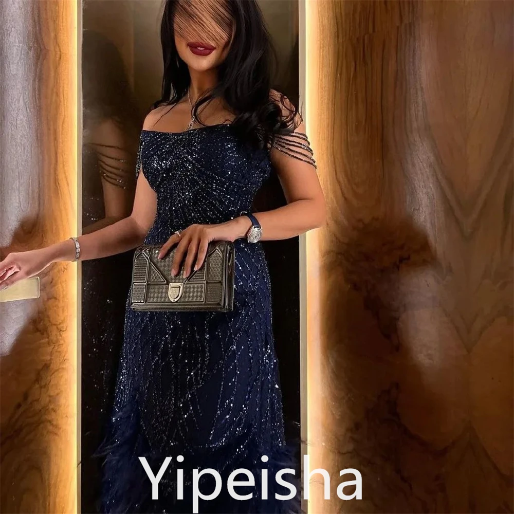 Yipeisha moda exquisita fuera del hombro A-line vestidos de noche borla Paillette rebordear red tul vestido personalizado