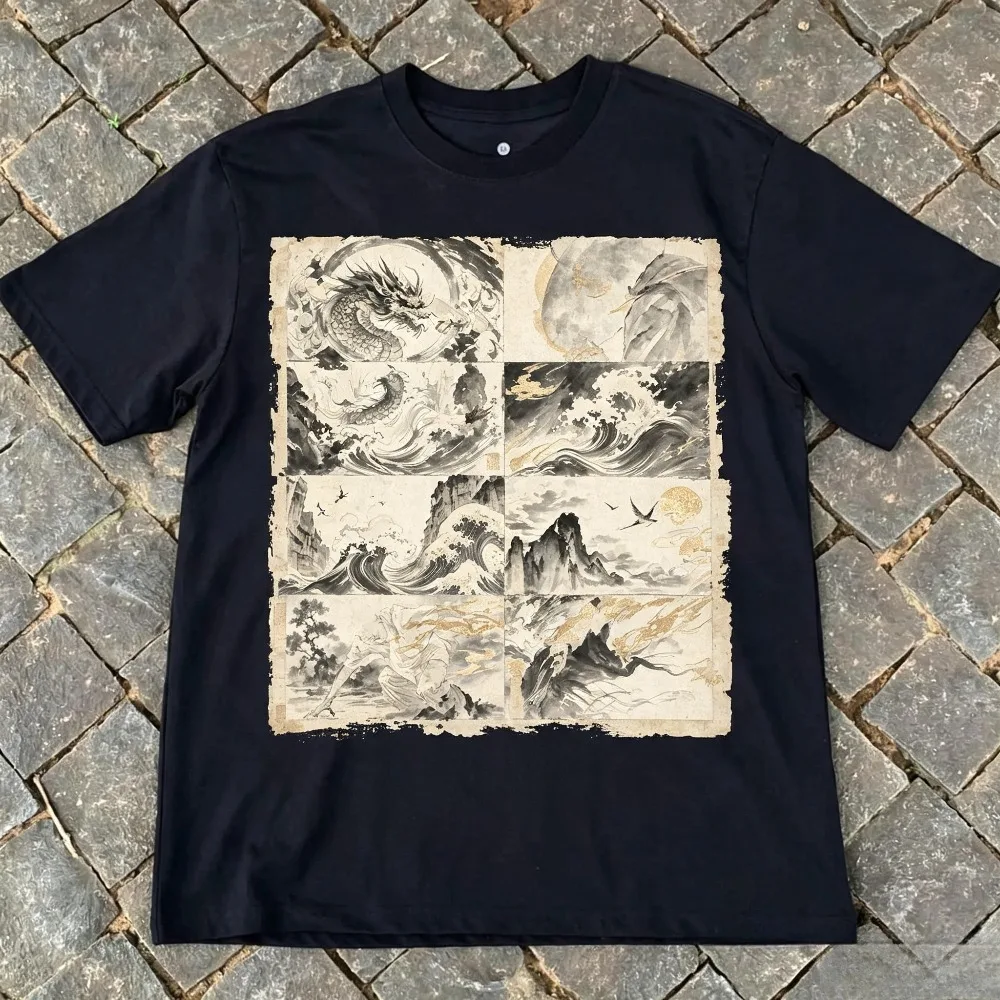 Chinese Ink Dragon Wave Grid Print Men Cotton T-Shirt Vintage Oriental Graphic Casual Streetwear Tee