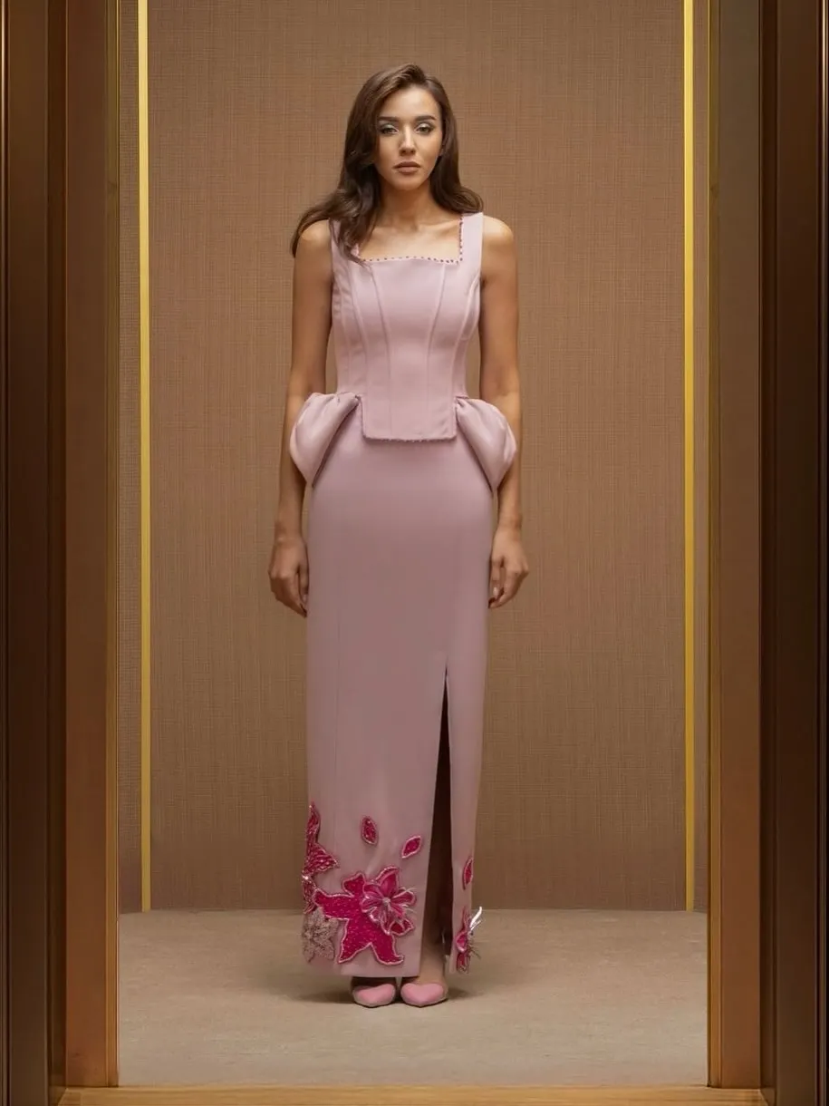 Women's Satin A-line Thigh Slit Ankle Length Party Dresse Customized Sleeveless Square Neck Evening Dress Back Zipper Prom Gowsn
