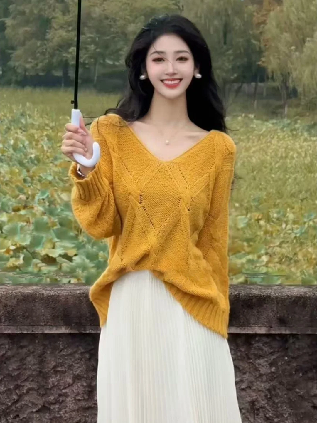 

plus Size Women's Faionable V-Ne Knitted Top And Skirt Set Spring Casual Sle Slimming Two-Piece Ensemble Breathable