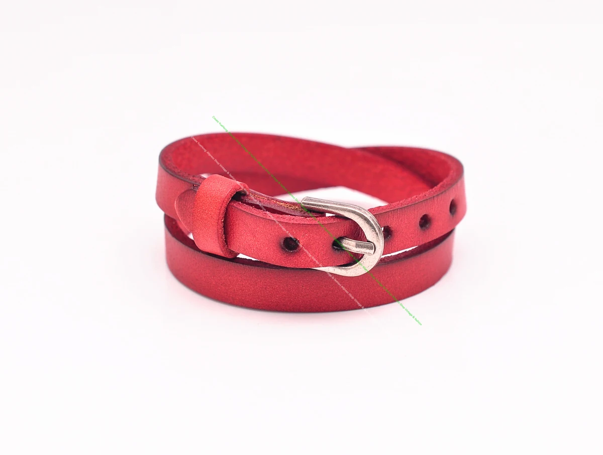 G561 Red Rock Classic Handmade Leathercraft Double Wrap Cowhide Genuine Leather Bracelet Cuff Wristband Pin Buckle  Closure