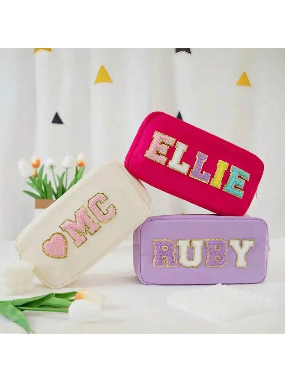 

Personalized Monogram Travel Makeup Bag, Nylon Patch Toiletry Pouch, DIY Gift Handbag