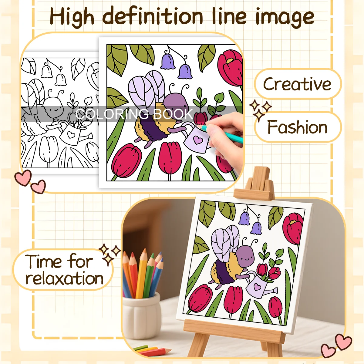 COZY MOMENTS Bold-Easyรูปแบบสมุดระบายสีสําหรับผู้ใหญ่สมุดวาดภาพน่ารักของขวัญภาพวาดที่สมบูรณ์แบบสําหรับงานปาร์ตี้และวันเกิด