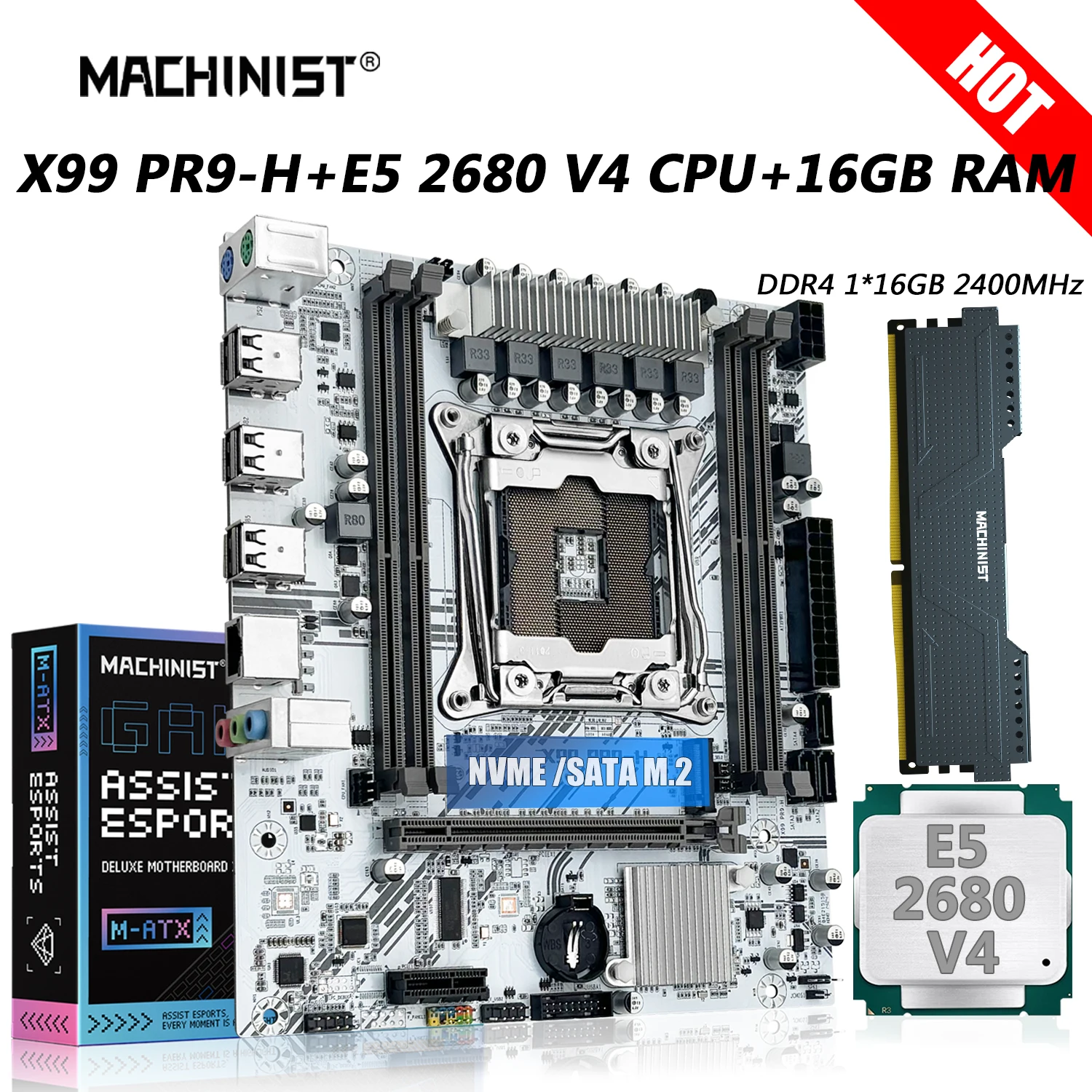 

MACHINIST X99 PR9-H Motherboard Combo LGA 2011-3 Xeon Kit E5 2680 V4 CPU 1pcs DDR4 16GB RAM 2400MHz Memory SSD SATA/NVME M.2