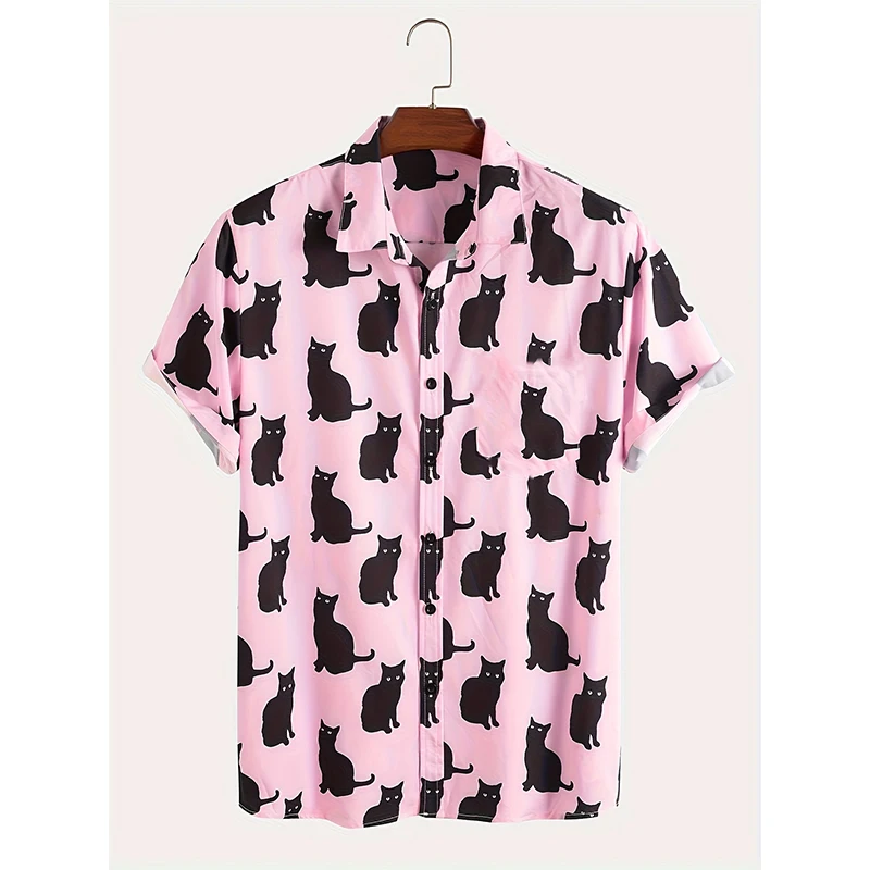 Fashion 3D Printing Cat Pattern Shirt Summer Casual Lapel Short Sleeve Blouse Clothing Loose Cardigan Tops  Hip Hop Trend Tees