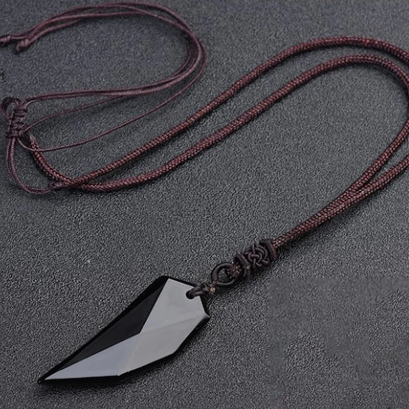 Dropshipping Black Natural Obsidian Stone Wolf Tooth Shape Pendant Necklace Lucky For Women Men Sweater Chain Fashion Jewelry