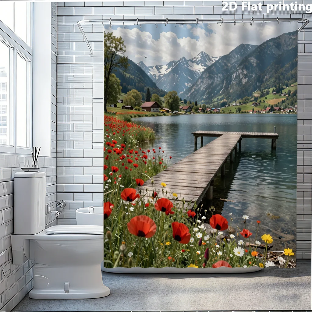 Beautiful Waterproof Shower Curtain Scenic Landscape Floral Poppies Mountain Lake Scene Bathroom Decor Liner Shower Curtain