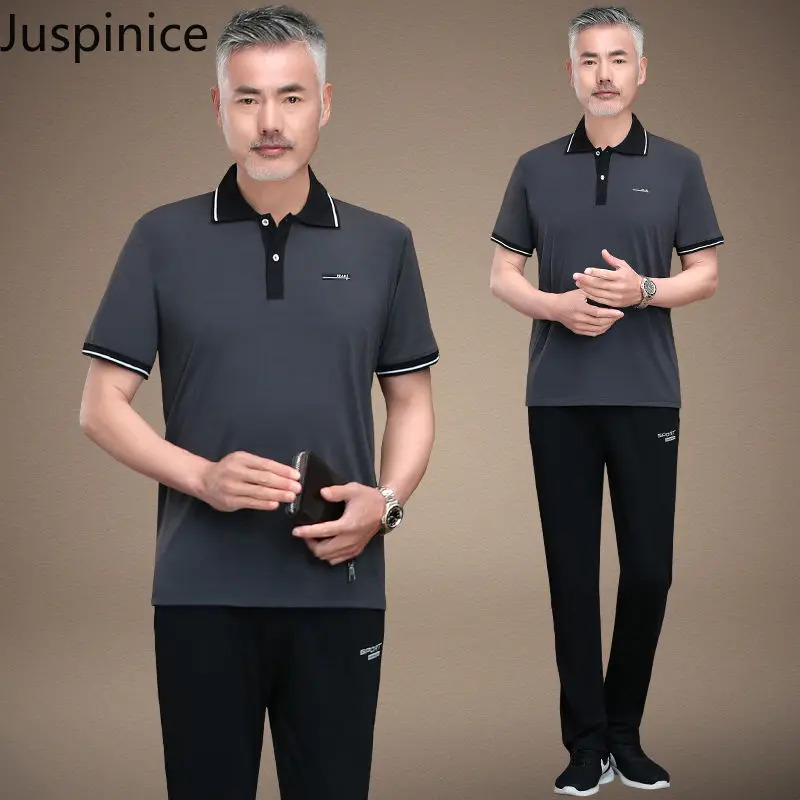 

Summer Cotton Sports Polo Shirt Trousers Suit Men's Ice Silk Breathable Loose Casual High Street Personalized T-shirt Pants Set