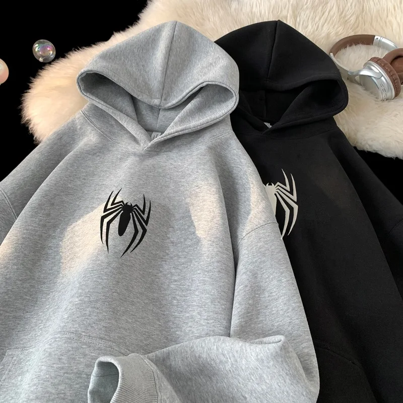 

Winter Padded Sweatshirt Neutral Hoodie Cozy Classic Hooded Sweatshirt Spider Pattern Hoodie Hip Hop Street Men's Clothing