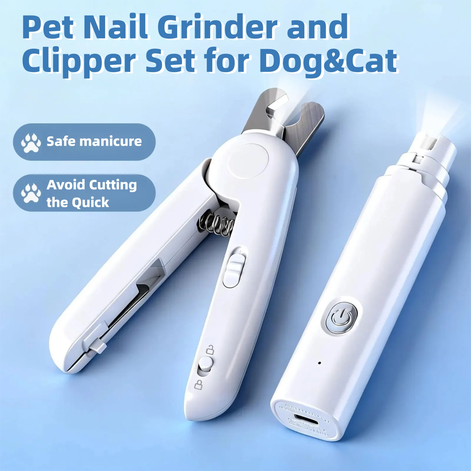 Pet Dog Nail Grinder and Clipper Set for Dogs & Cats, Low Noise Rechargeable Nail Trimmer with LED Light, 3-Speed Safe Grooming