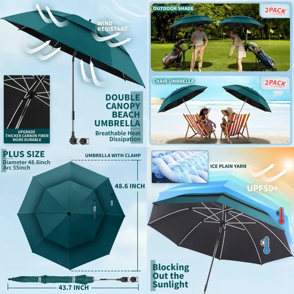 

48.6 Double Beach Umbrella, UPF 50+, Clamp & Clip Included, 360° Adjustable, Portable for Outdoor Use, Wheelchairs, Patio, Golf
