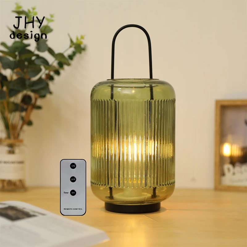 Battery Powered Table Lamp 11.5''H Cordless Lamp with Handle Hanging LED Lantern Remote Control for Indoor Outdoor (Amber-Green)