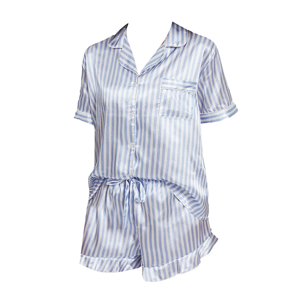 Womens Satin Pajamas Set Button Down 2 Piece Silk Pjs Shorts Set Ruffle Lingerie Notch Collar Sleepwear