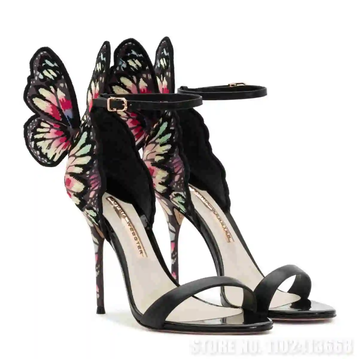 

Pink and Black Butterfly Wings Round Toe Woman High Heels Sandals Narrow Band Buckle Strap Stiletto Pumps Girls Party Shoes