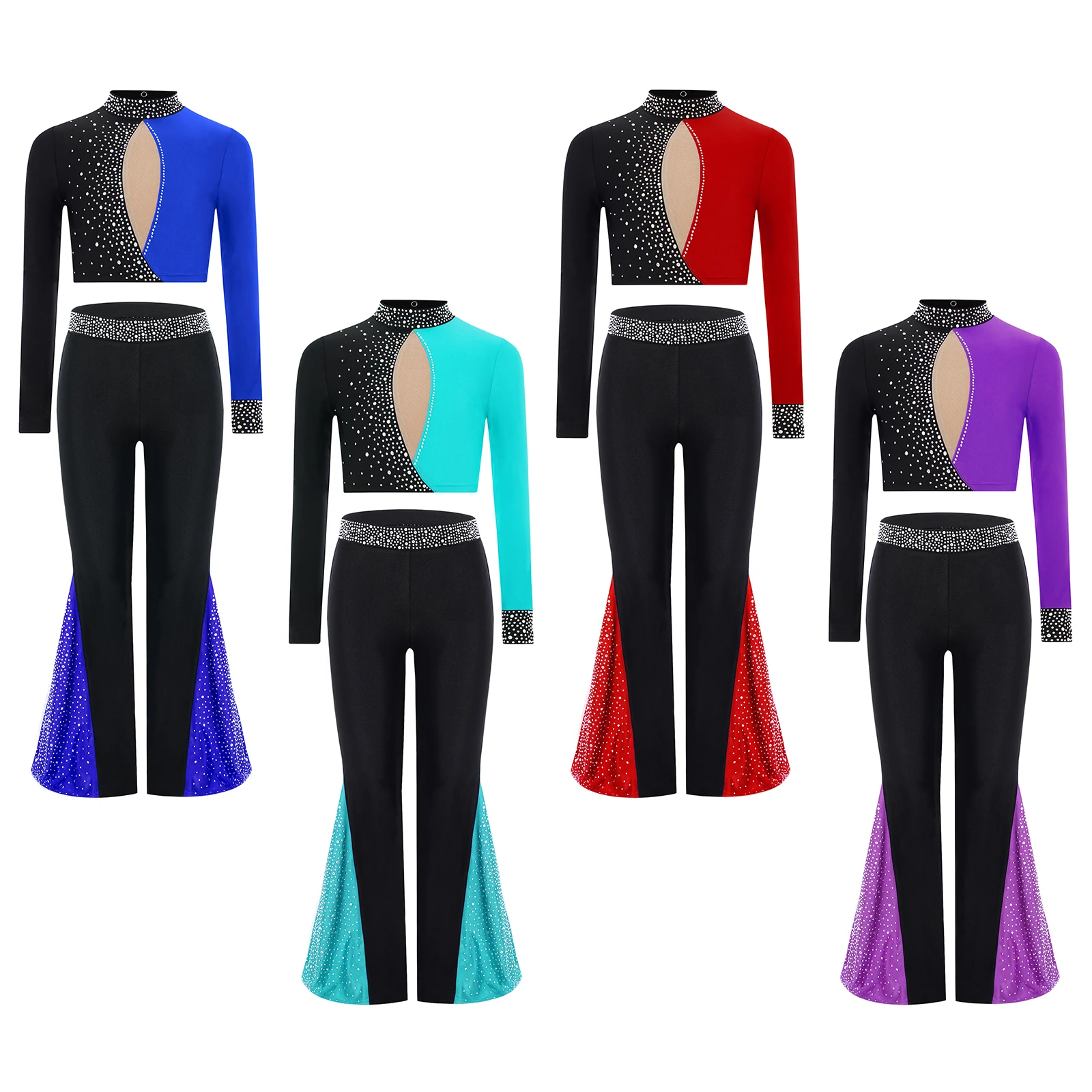 Child Long Sleeve Lyrical Dance Outfit Girl Keyhole Back Top with Bell-bottomed Pants Dancewear Set for Skating Dance Gymnastics