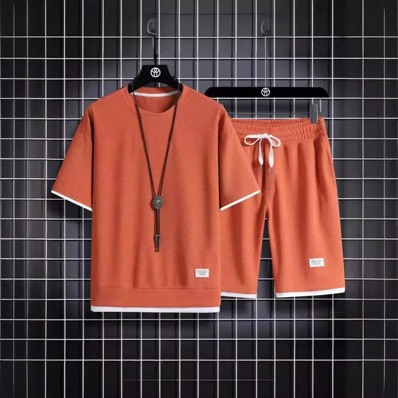 Huafu Ge 2025 Trendy Summer Men's Casual Short Sleeved T-shirt Men's Short Sleeved T-shirt+Sports Shorts Set