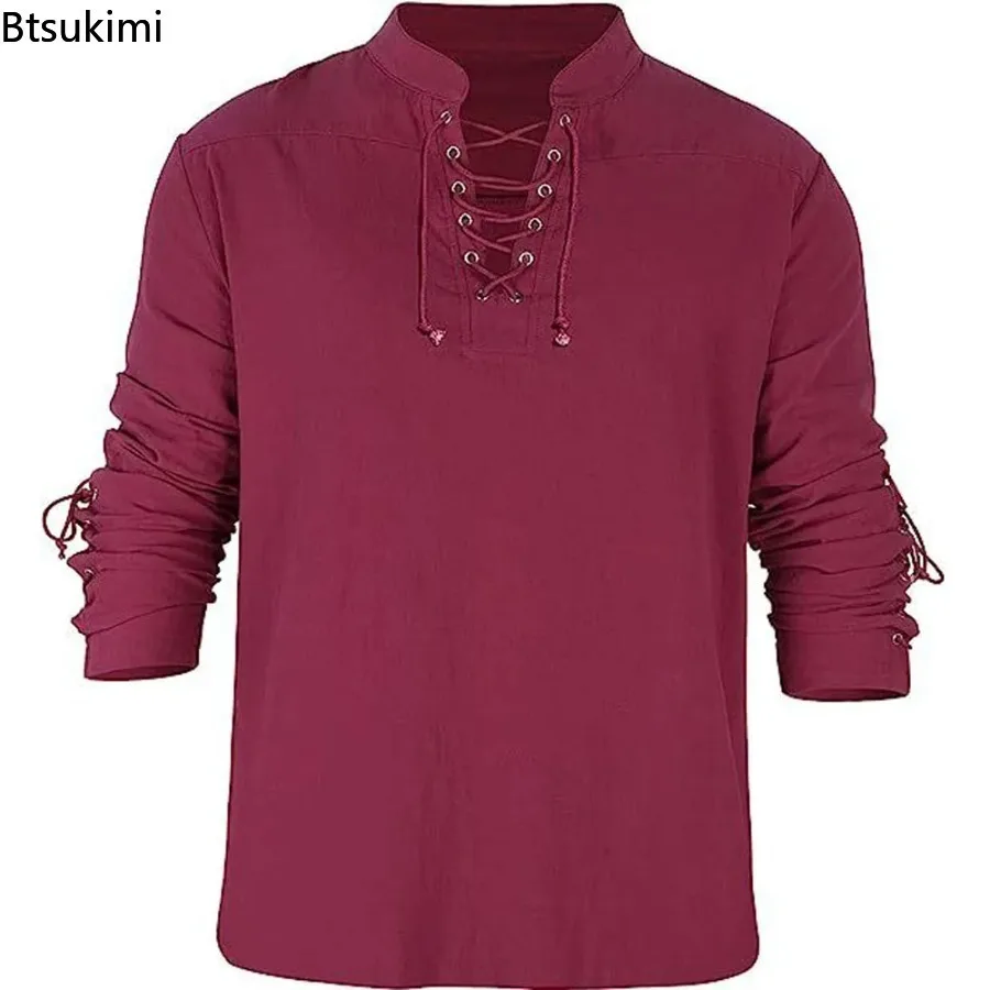 

2026 New Mens Fashion Cotton Linen Lace Up Long Sleeve Pullover Blouse Shirts Men Collarless Solid Color Holiday Beachwear Tops