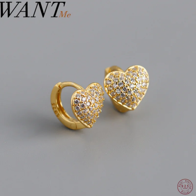 

WANTME 925 Sterling Silver Shiny Full Zircon Love Heart Huggies Hoops Eearrings for Women Fashion Romantic Wedding Party Jewelry