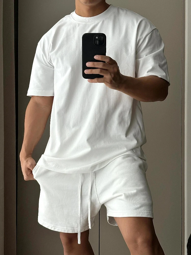 Set van puur katoenen shorts met korte mouwen voor heren, trendy Europees en Amerikaans high street los sport- en vrijetijds-T-shirt