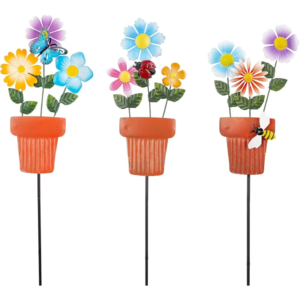 

3 Pcs Metal Flower Garden Stakes, 24" H Flower Pot Shape Decorative Garden Stakes, Metal Yard Art for Outdoor Spring Lawn Patio