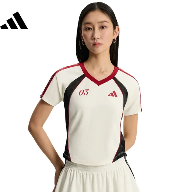 

Women adidas KZ2387 Off White Red 3-Stripes V Neck Crop Soccer Tee Breathable Sport Short Sleeve Top Y2K Street Daily Casual