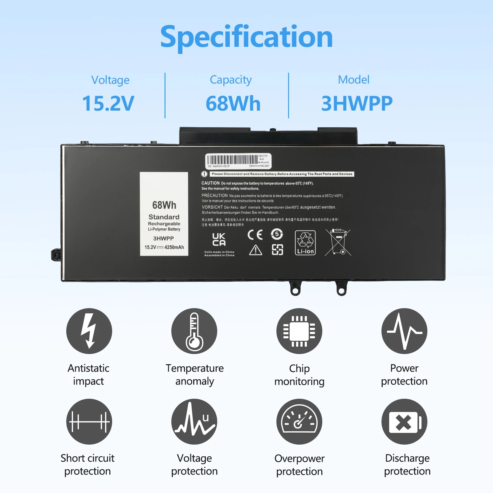 15.2V 68Wh 3HWPP Battery For Dell Inspiron 17 7706 7500 Latitude 14 5401 5410 5411 15 5501 5510 5511 Precision 3541 3551
