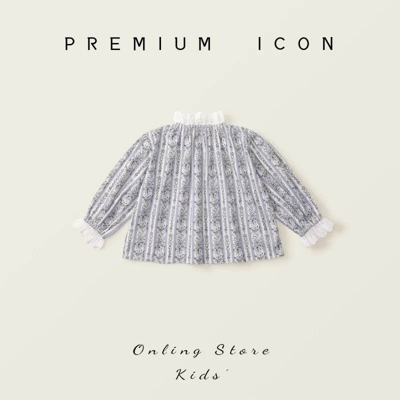 Girls retro style lace babydoll top2025Autumn New Long Sleeve Printed Shirt for Young and Small Children