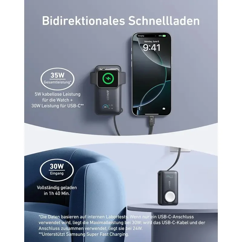 Anker MagGo Power Bank for Apple Watch, Officially Certified 10,000mAh Compact Battery Pack with Built-in USB-C Cable, 35W Max