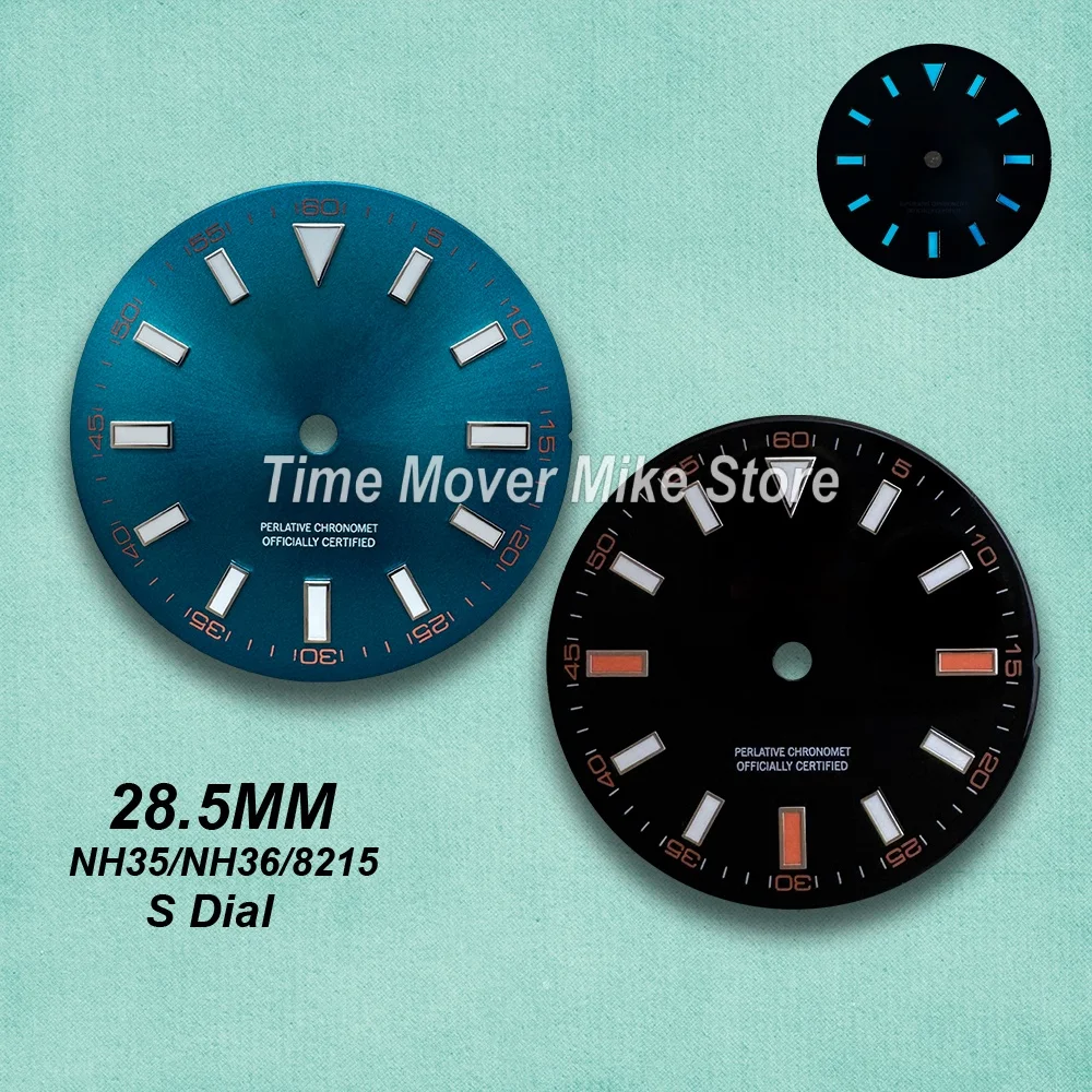 

Циферблат S-логотип 28,5 мм для механизмов NH35/NH36/8215, с синим люминесцентным покрытием, черным/синим солнечным узором/матовым покрытием, аксессуары для модификации часов