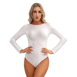 Women Glossy Bodycon Bodysuit One-piece Swimsuit Long Sleeve Tight Jumpsuit Stretchy Leotard Swimwear Workout Yoga Dance Costume