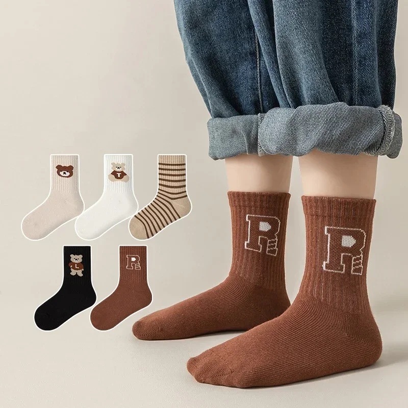 5 Pairs Korean Students Kids Fashion Cartoon Socks Baby Middle Tube Long Socks Children Boys Girls School Uniform Casual Socks