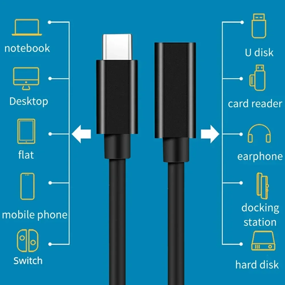 USB C To Type C Extension Cable USB Type-C Male to Female Fast Charger OTG Adapter Data Wire Extender Cord for Laptop Tablet