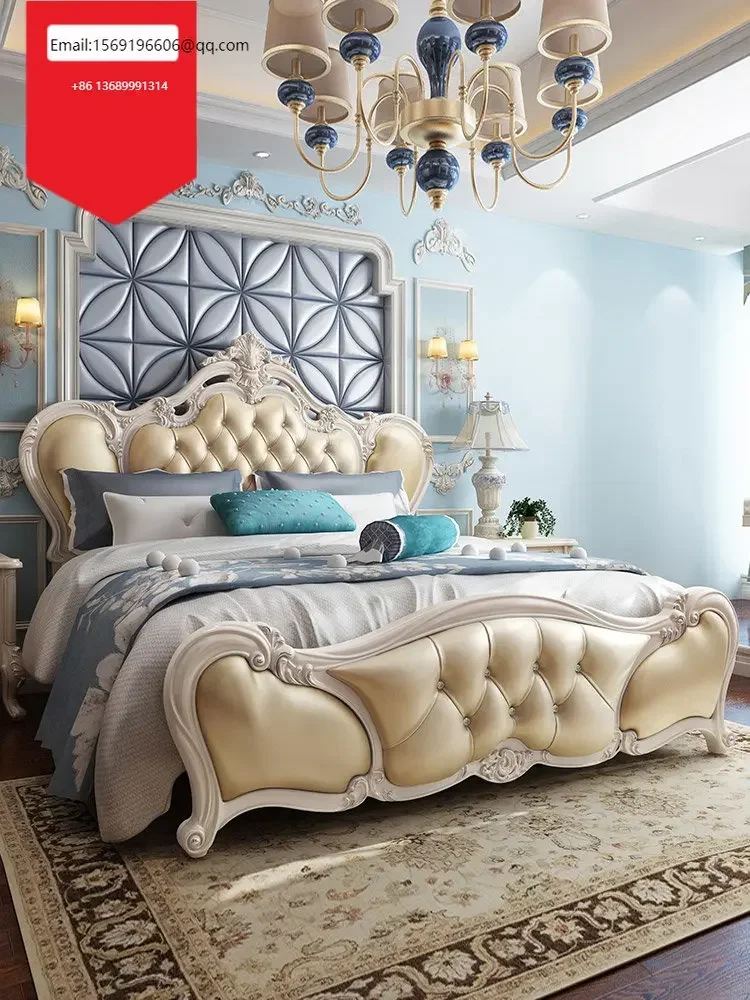 

European garden princess leather French luxury furniture carved blue storage double bed wedding bed