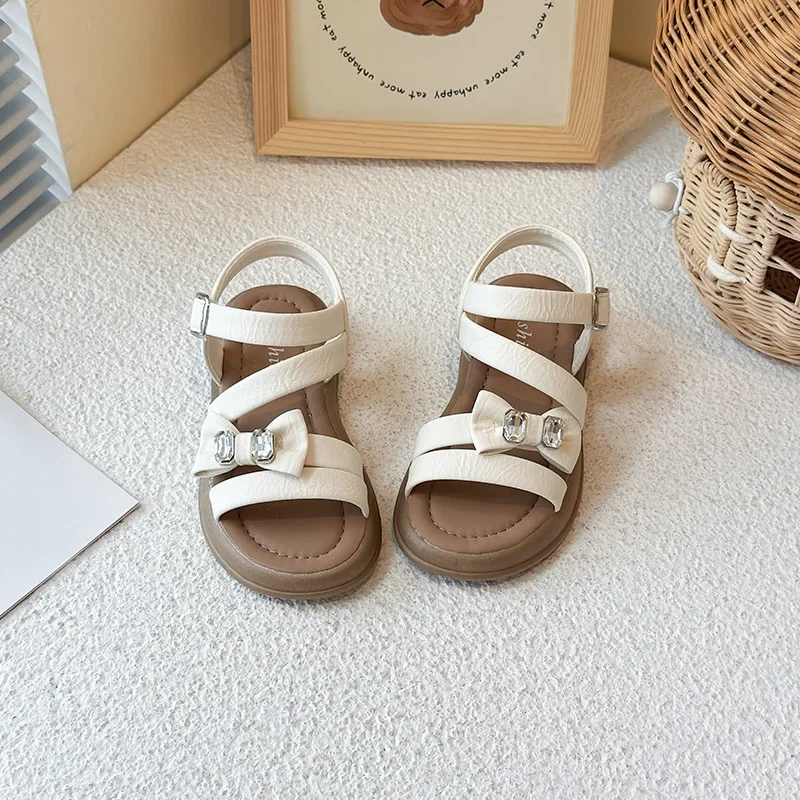 

Girls Beach Shoes Simple Bows Shiny Crystal 2025 Summer New Kids Sandals Open Toes Non-slip Children Princess Casual Shoes Sweet