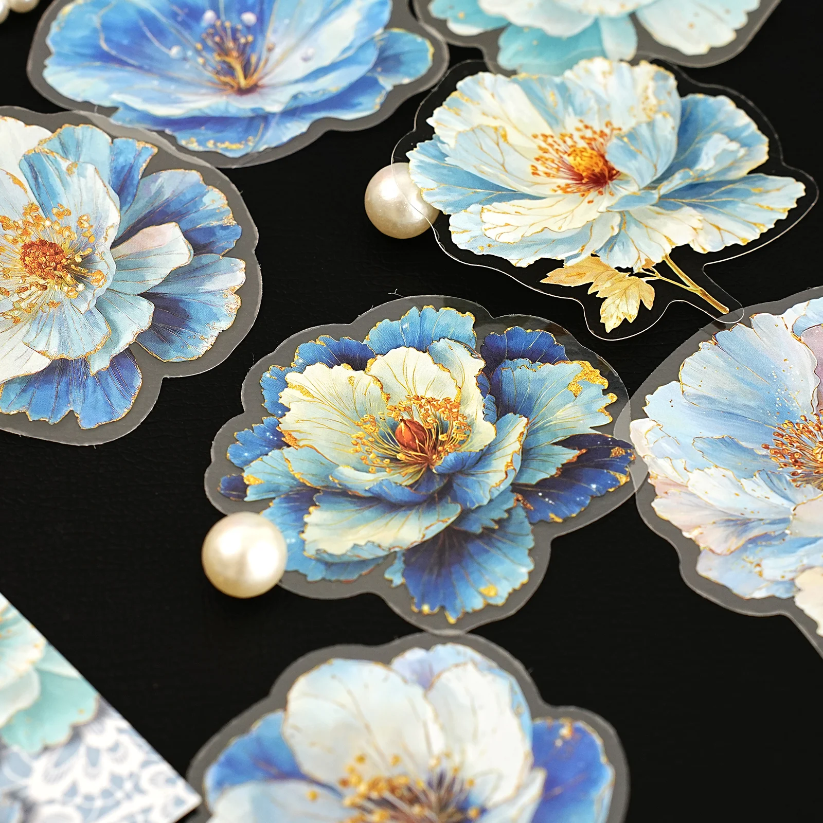 Etori Life Cobalt Blue Dreamland 20Pcs Vintage Blue Flower Gold Foil Still Texture Pattern Pet Stickers for Handmade Scrapbooking Supplies, Notebooks, Phone Stickers, Office Decoration Accessories, Room Decoration, Children's Gift Paper Bags, Card Making, DIY Artwork, School Supplies, Vintage Parties, Baking Seals, Toy Stickers