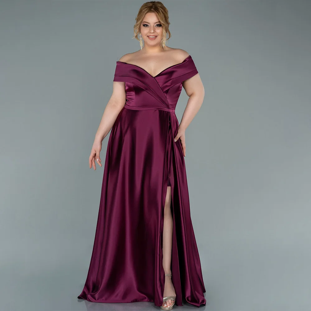 

Elegant Wedding Guest Dresses Burgundy Off the Shoulder A Line Womn's Formal Dress Long Side Slit Satin Simple Evening Gowns