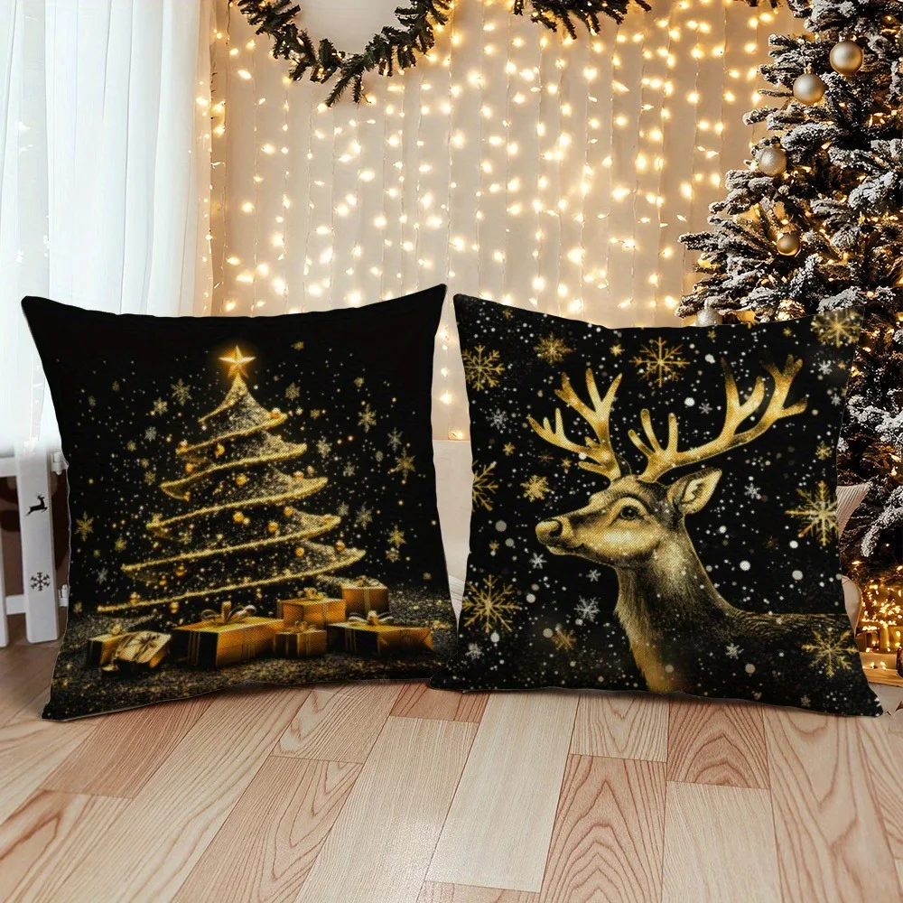 Funda de almohada con elemento navideño de oro negro, funda de almohada festiva para decoración del hogar