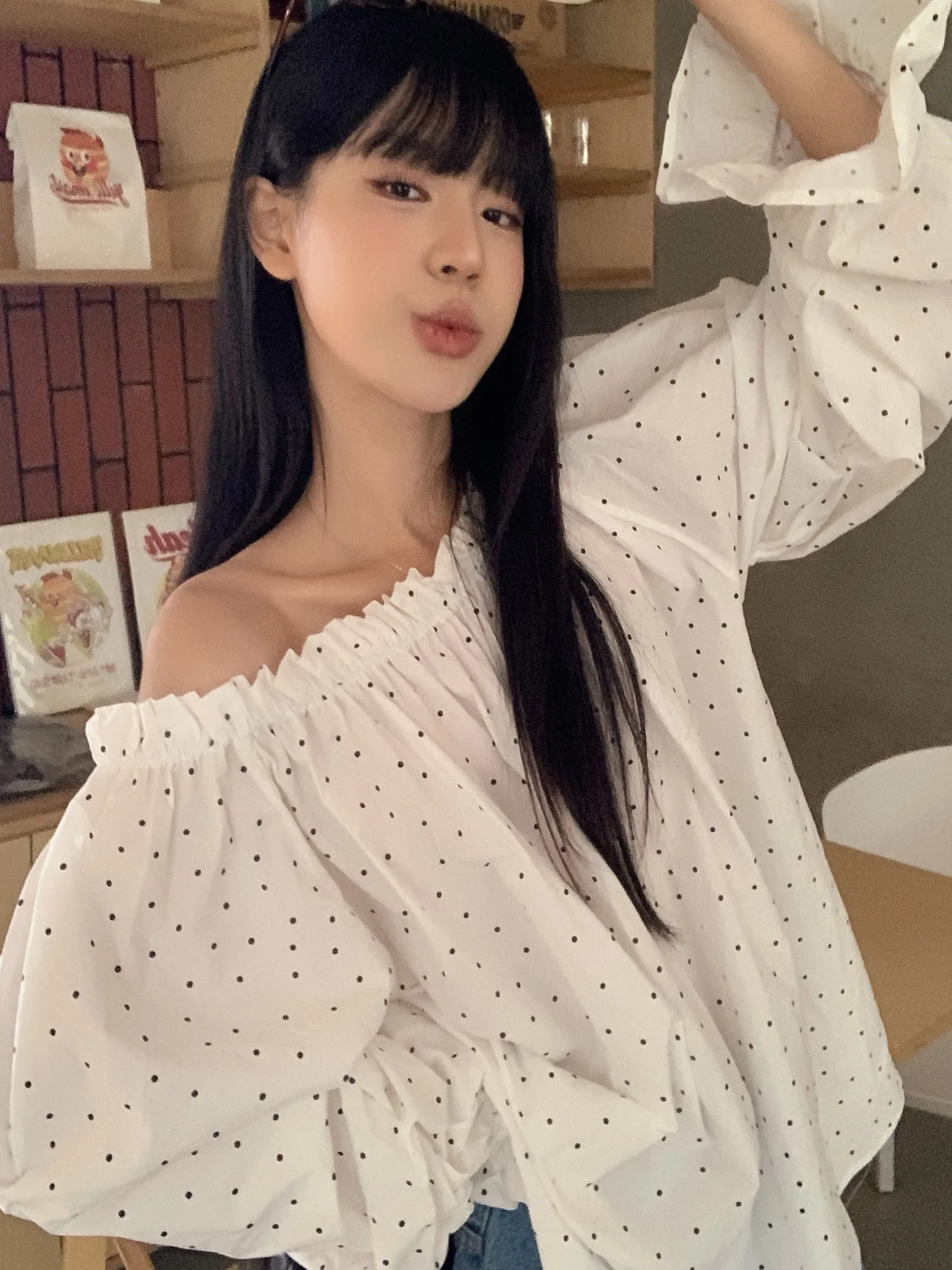 plus Size Women's Polka Dot One oulder Loose irt Korean Sle Simple Spring New Faion Slimming Top Trendy Commute Wind