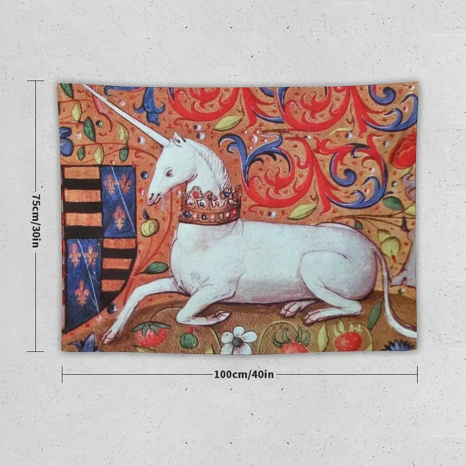 UNICORN WITH RED BLUE WHITE FLORAL MOTIFS Medieval Miniature Tapestry Decoration Aesthetic Wallpapers Home Decor Tapestry