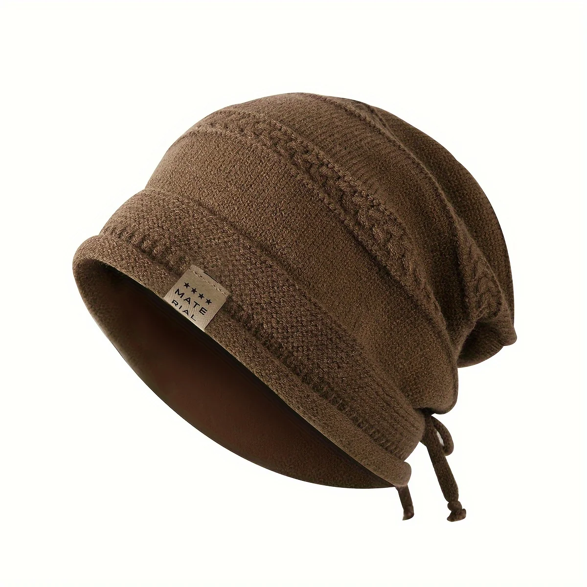 Men Women Winter Warm Cable Knit Slouchy Beanie Hat Drawstring Adjustable Fabric Label Warm Casual Skull Cap for Outdoor