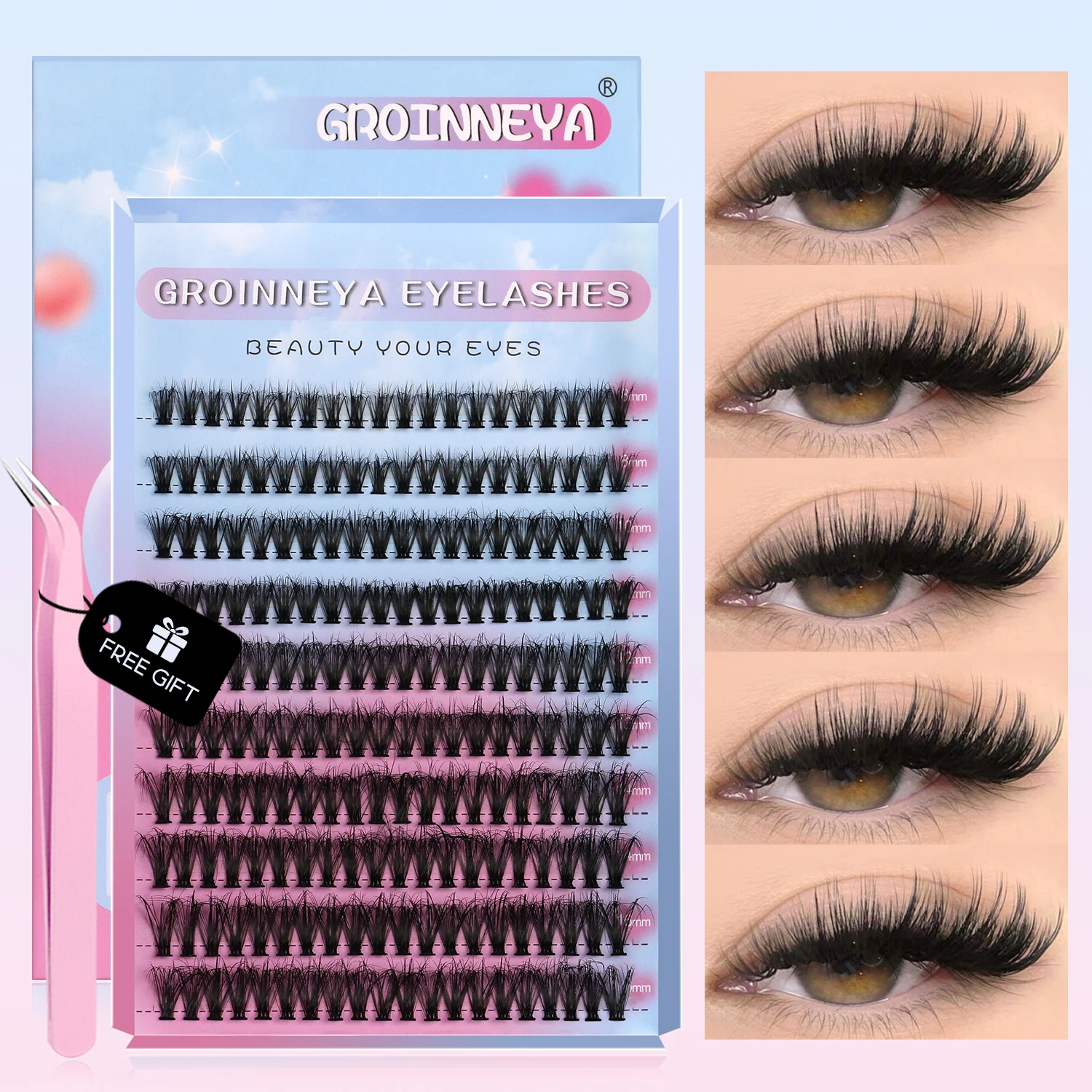 GROINNEYA Lashes Clusters Kit Mixed Individual Lashes Fluffy Faux Mink Lashes Soft Natural DIY Lashes Extension Set Makeup