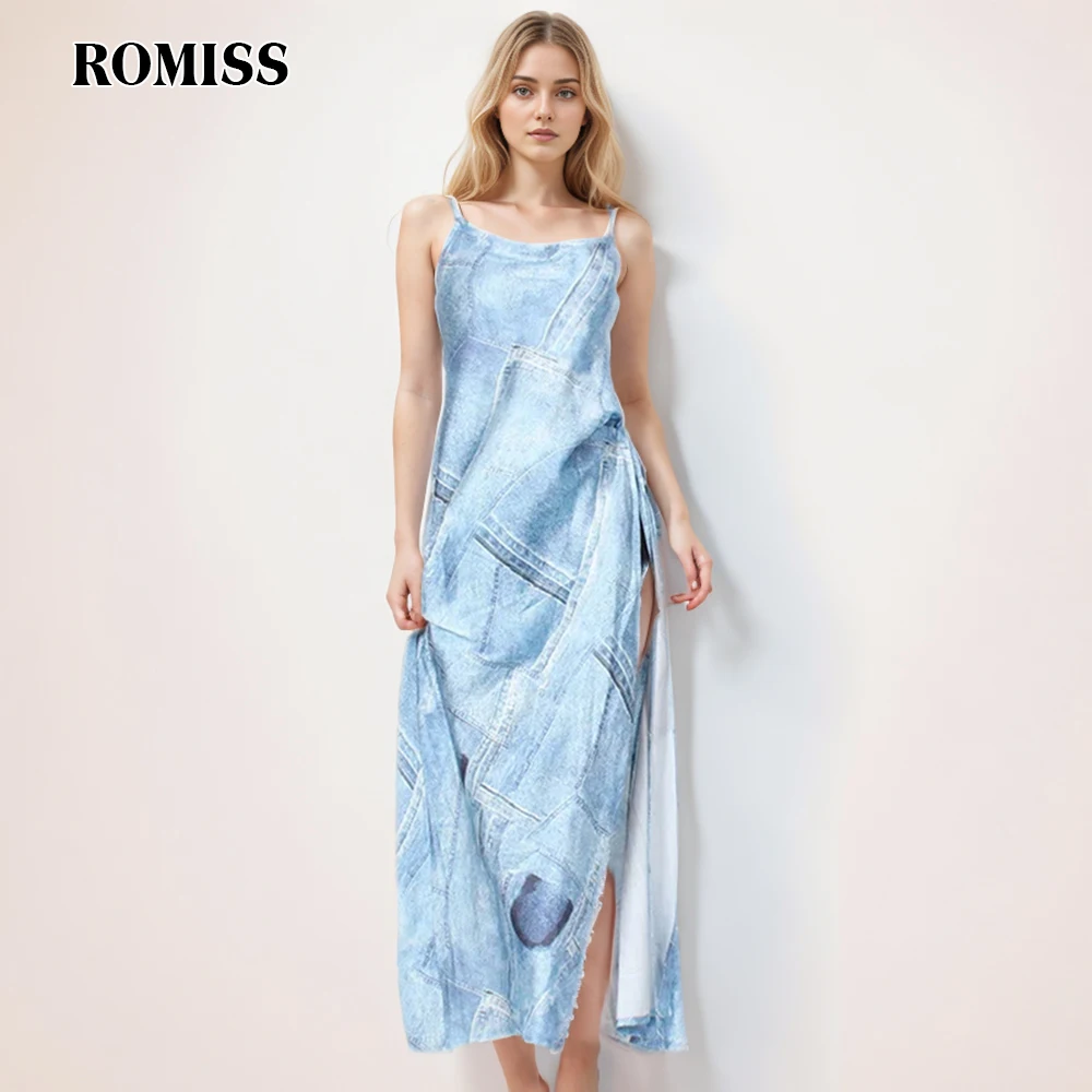 ROMISS Hit Color Printing Sexy Camisole Dress For Women Square Collar Sleeveless High Waist Split Thigh Casual Dresses Female