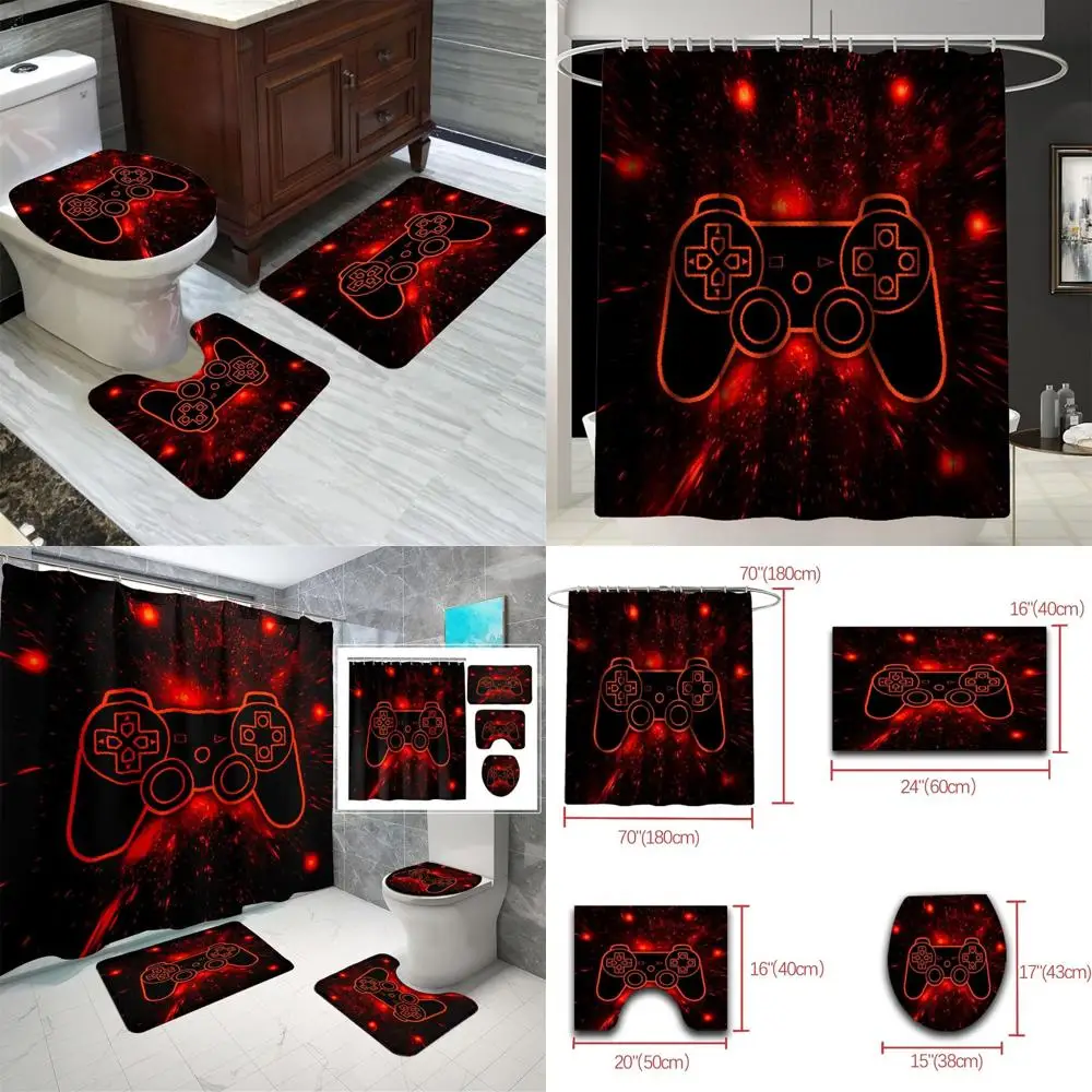 

Boys' Gamer Controller Shower Curtain & Rug Set, 70x70, with 12 Hooks for Gaming Bathroom Decor